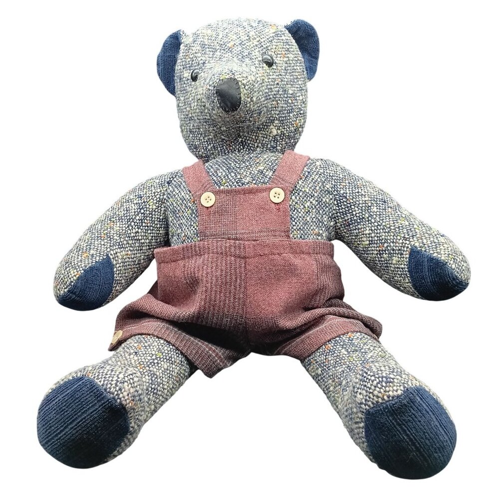 Handcrafted Vintage Teddy Bear with Blue & Multicolor Tweed Fabric & Burgundy Ov